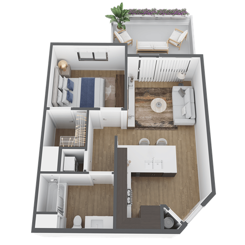 a 3d floor plan of a home with a bedroom and a living room